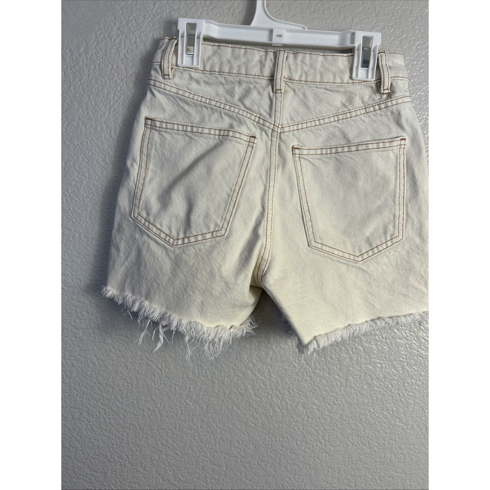 ZARA Women's Beige Ivory High Waisted Cut Off Denim Shorts Button Fly Size 0 - Picture 4 of 6
